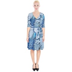 Chinese Style 3d Embossed Blue Peacock Oil Painting Wrap Up Cocktail Dress by Grandong