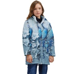 Chinese Style 3d Embossed Blue Peacock Oil Painting Kids  Hooded Longline Puffer Jacket by Grandong