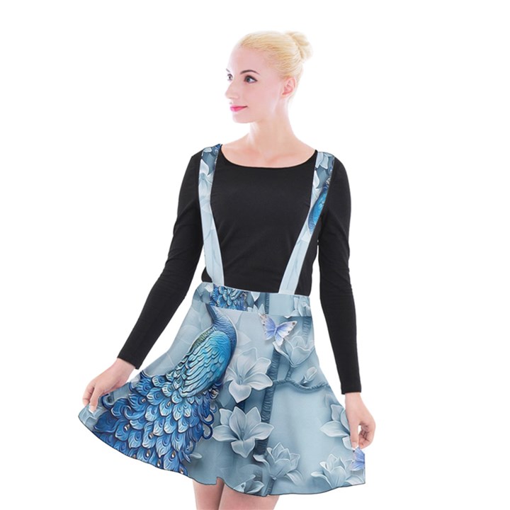 Chinese Style 3d Embossed Blue Peacock Oil Painting Suspender Skater Skirt