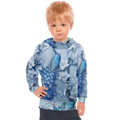 Chinese Style 3d Embossed Blue Peacock Oil Painting Kids  Hooded Pullover by Grandong