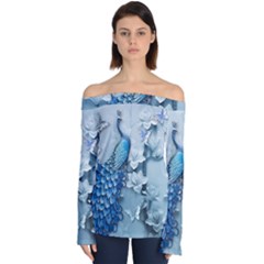 Chinese Style 3d Embossed Blue Peacock Oil Painting Off Shoulder Long Sleeve Top by Grandong