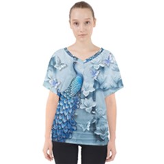 Chinese Style 3d Embossed Blue Peacock Oil Painting V-neck Dolman Drape Top by Grandong