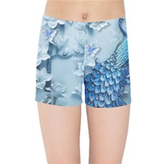 Chinese Style 3d Embossed Blue Peacock Oil Painting Kids  Sports Shorts by Grandong