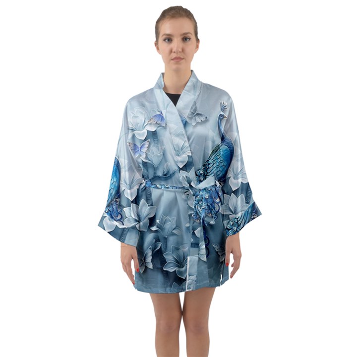 Chinese Style 3d Embossed Blue Peacock Oil Painting Long Sleeve Satin Kimono