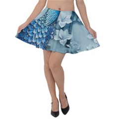 Chinese Style 3d Embossed Blue Peacock Oil Painting Velvet Skater Skirt by Grandong