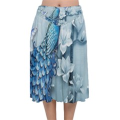 Chinese Style 3d Embossed Blue Peacock Oil Painting Velvet Flared Midi Skirt by Grandong