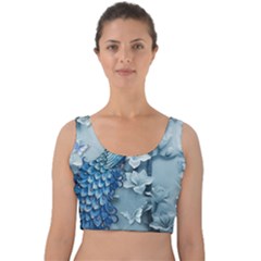 Chinese Style 3d Embossed Blue Peacock Oil Painting Velvet Crop Top by Grandong