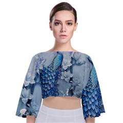 Chinese Style 3d Embossed Blue Peacock Oil Painting Tie Back Butterfly Sleeve Chiffon Top by Grandong