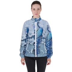 Chinese Style 3d Embossed Blue Peacock Oil Painting Women s High Neck Windbreaker by Grandong