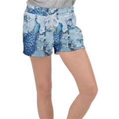 Chinese Style 3d Embossed Blue Peacock Oil Painting Women s Velour Lounge Shorts by Grandong