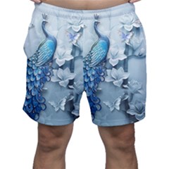 Chinese Style 3d Embossed Blue Peacock Oil Painting Men s Shorts by Grandong