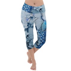 Chinese Style 3d Embossed Blue Peacock Oil Painting Lightweight Velour Capri Yoga Leggings by Grandong