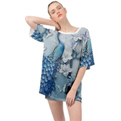 Chinese Style 3d Embossed Blue Peacock Oil Painting Oversized Chiffon Top by Grandong