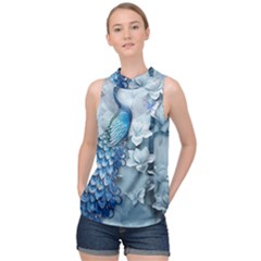 Chinese Style 3d Embossed Blue Peacock Oil Painting High Neck Satin Top by Grandong