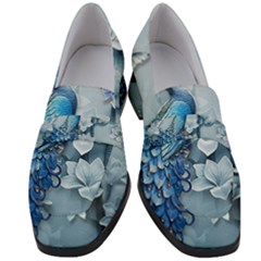 Chinese Style 3d Embossed Blue Peacock Oil Painting Women s Chunky Heel Loafers by Grandong