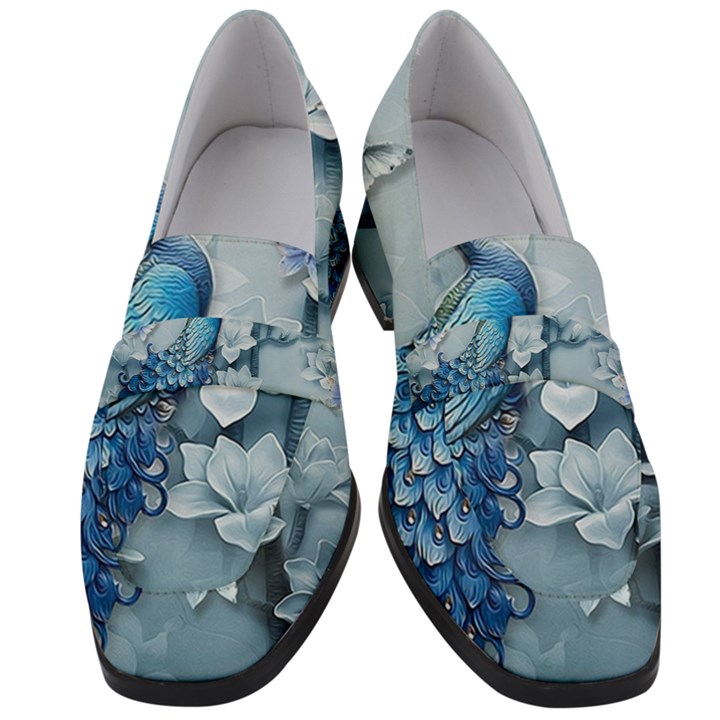 Chinese Style 3d Embossed Blue Peacock Oil Painting Women s Chunky Heel Loafers