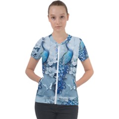 Chinese Style 3d Embossed Blue Peacock Oil Painting Short Sleeve Zip Up Jacket by Grandong