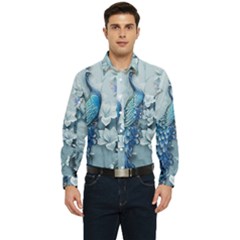 Chinese Style 3d Embossed Blue Peacock Oil Painting Men s Long Sleeve Pocket Shirt  by Grandong