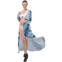 Chinese Style 3d Embossed Blue Peacock Oil Painting Maxi Chiffon Beach Wrap by Grandong