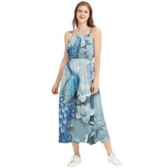 Chinese Style 3d Embossed Blue Peacock Oil Painting Boho Sleeveless Summer Dress by Grandong