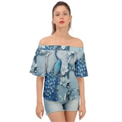 Chinese Style 3d Embossed Blue Peacock Oil Painting Off Shoulder Short Sleeve Top by Grandong