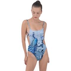 Chinese Style 3d Embossed Blue Peacock Oil Painting Tie Strap One Piece Swimsuit by Grandong