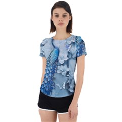 Chinese Style 3d Embossed Blue Peacock Oil Painting Back Cut Out Sport T-shirt by Grandong