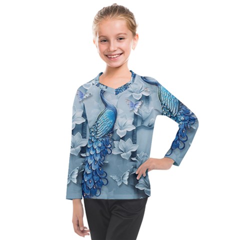 Chinese Style 3d Embossed Blue Peacock Oil Painting Kids  Long Mesh T-shirt by Grandong