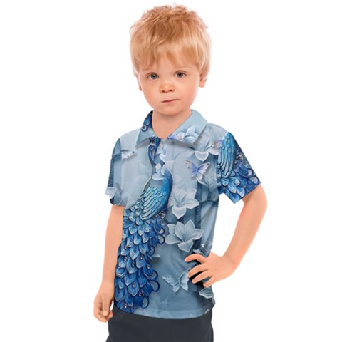 Chinese Style 3d Embossed Blue Peacock Oil Painting Kids  Polo T-shirt by Grandong