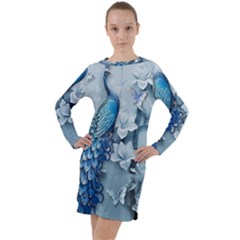 Chinese Style 3d Embossed Blue Peacock Oil Painting Long Sleeve Hoodie Dress by Grandong