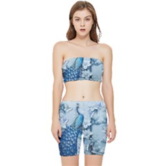 Chinese Style 3d Embossed Blue Peacock Oil Painting Stretch Shorts And Tube Top Set by Grandong