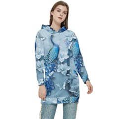 Chinese Style 3d Embossed Blue Peacock Oil Painting Women s Long Oversized Pullover Hoodie by Grandong