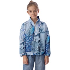 Chinese Style 3d Embossed Blue Peacock Oil Painting Kids  Half Zip Hoodie by Grandong