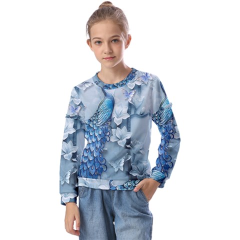 Chinese Style 3d Embossed Blue Peacock Oil Painting Kids  Long Sleeve T-shirt With Frill  by Grandong