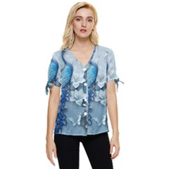 Chinese Style 3d Embossed Blue Peacock Oil Painting Bow Sleeve Button Up Top by Grandong