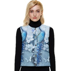 Chinese Style 3d Embossed Blue Peacock Oil Painting Women s Button Up Puffer Vest by Grandong