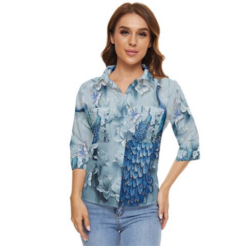 Chinese Style 3d Embossed Blue Peacock Oil Painting Women s Quarter Sleeve Pocket Shirt by Grandong