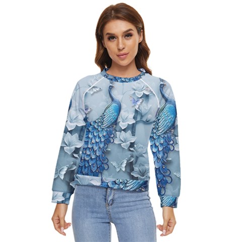 Chinese Style 3d Embossed Blue Peacock Oil Painting Women s Long Sleeve Raglan T-shirt by Grandong