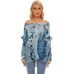 Chinese Style 3d Embossed Blue Peacock Oil Painting Off Shoulder Chiffon Pocket Shirt by Grandong