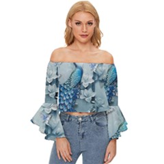 Chinese Style 3d Embossed Blue Peacock Oil Painting Off Shoulder Flutter Bell Sleeve Top by Grandong