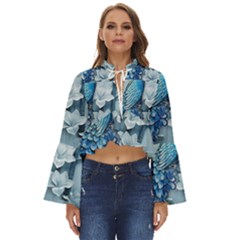 Chinese Style 3d Embossed Blue Peacock Oil Painting Boho Long Bell Sleeve Top by Grandong