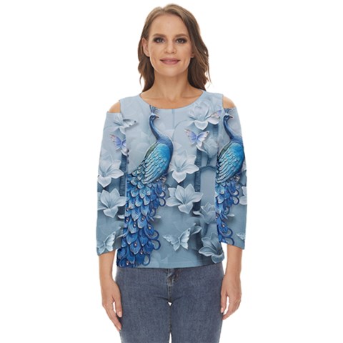 Chinese Style 3d Embossed Blue Peacock Oil Painting Cut Out Wide Sleeve Top by Grandong