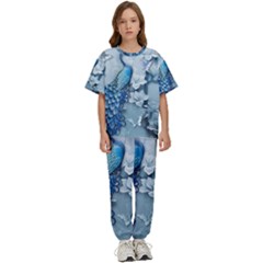 Chinese Style 3d Embossed Blue Peacock Oil Painting Kids  T-shirt And Pants Sports Set by Grandong