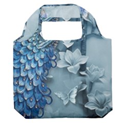 Chinese Style 3d Embossed Blue Peacock Oil Painting Premium Foldable Grocery Recycle Bag by Grandong