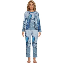 Chinese Style 3d Embossed Blue Peacock Oil Painting Womens  Long Sleeve Lightweight Pajamas Set by Grandong