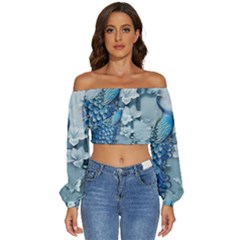 Chinese Style 3d Embossed Blue Peacock Oil Painting Long Sleeve Crinkled Weave Crop Top by Grandong