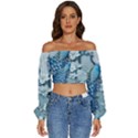 Chinese Style 3d Embossed Blue Peacock Oil Painting Long Sleeve Crinkled Weave Crop Top View1