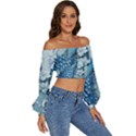 Chinese Style 3d Embossed Blue Peacock Oil Painting Long Sleeve Crinkled Weave Crop Top View3