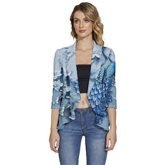 Chinese Style 3d Embossed Blue Peacock Oil Painting Women s 3/4 Sleeve Ruffle Edge Open Front Jacket by Grandong