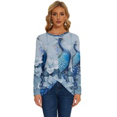 Chinese Style 3d Embossed Blue Peacock Oil Painting Long Sleeve Crew Neck Pullover Top by Grandong